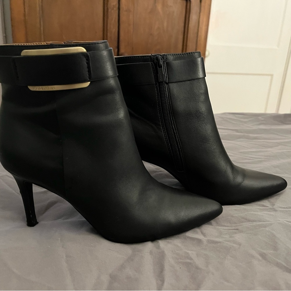 Calvin Klein Black Ankle Boots with Gold Buckle Detail